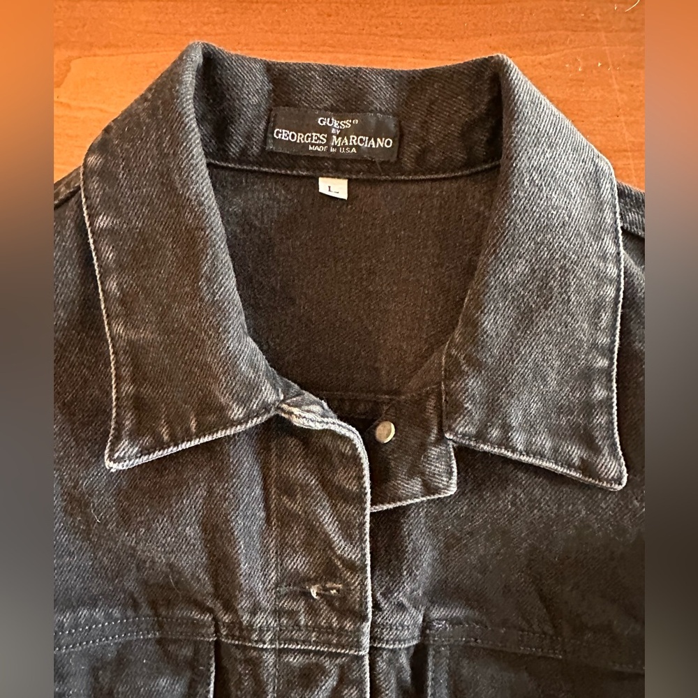90s GUESS Georges Marciano Vintage Denim Shirt Dress Black Button Front Large - Picture 3 of 10